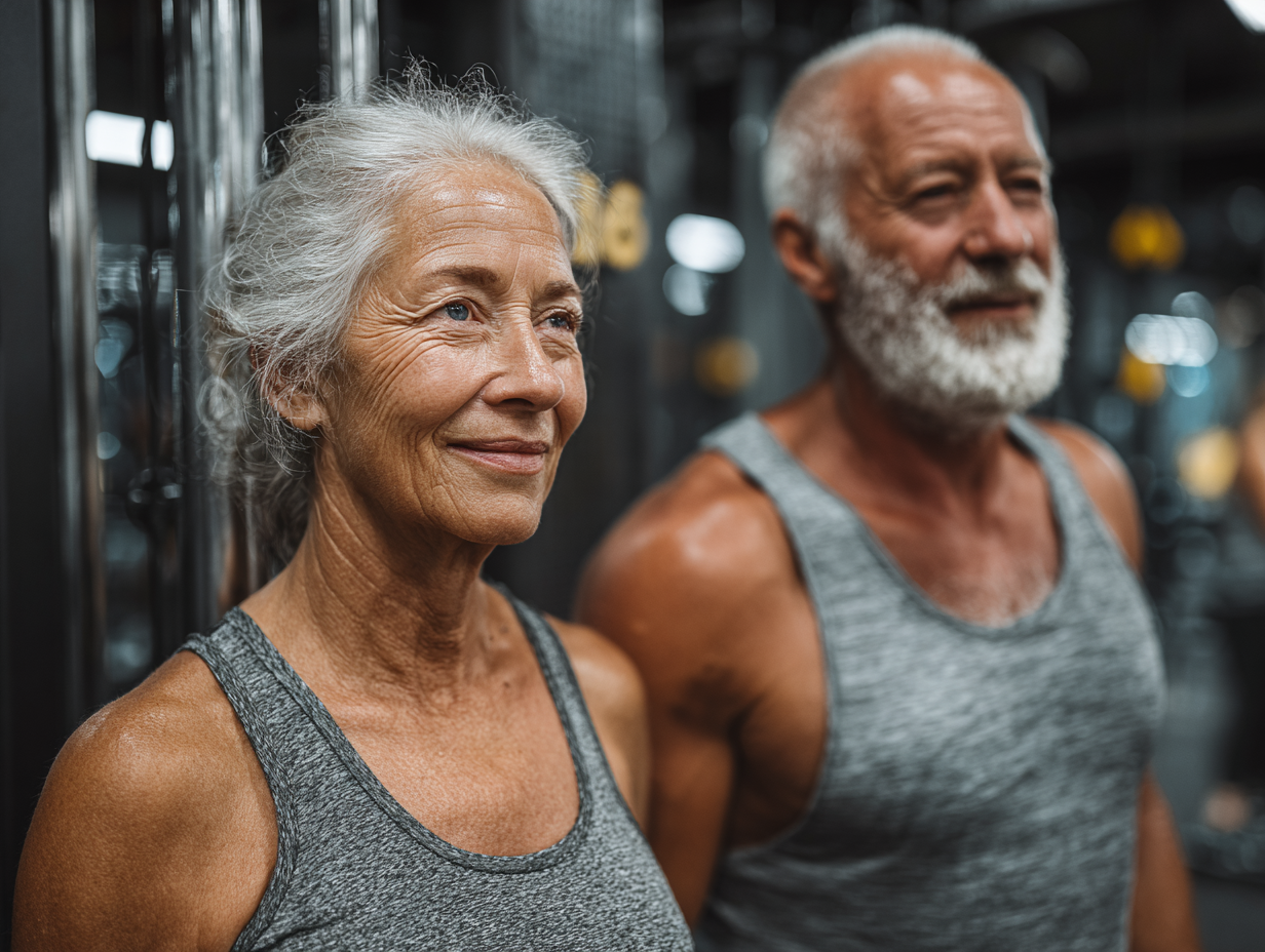 Активні люди середнього віку займаються фітнесом з використанням сучасних технологій